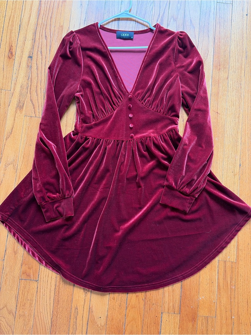 Cider Burgundy Velvet V-Neck Buttoned Mini Dress